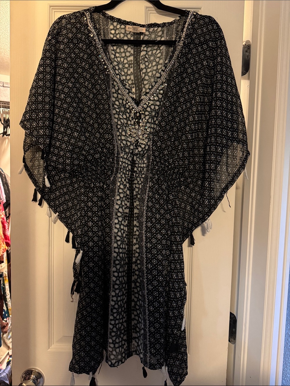 Black Patterned Women's V-Neck swim Cover Dress